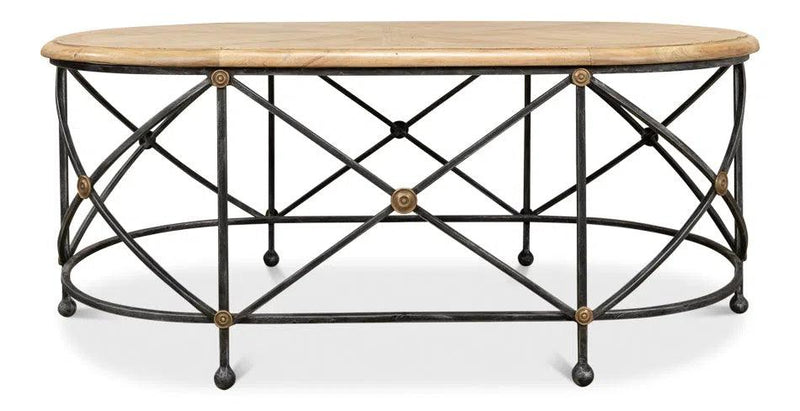 Drum & Fife Oval Coffee Table Parquet Top Reclaimed Iron Coffee Tables LOOMLAN By Sarreid