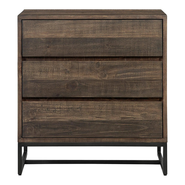 Elena Solid Pine and Stainless Steel Brown 3 Drawer Nightstand Nightstands LOOMLAN By Moe's Home