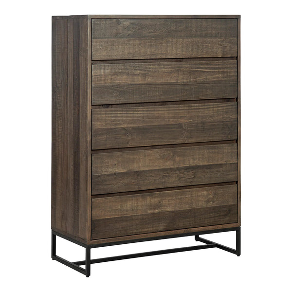 Elena Solid Pine and Stainless Steel Brown 5 Drawer Chest Chests LOOMLAN By Moe's Home