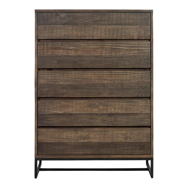 Elena Solid Pine and Stainless Steel Brown 5 Drawer Chest Chests LOOMLAN By Moe's Home