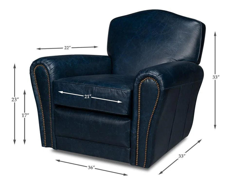 Elite French Metal and Leather Blue Club Swivel Arm Chair Club Chairs LOOMLAN By Sarreid