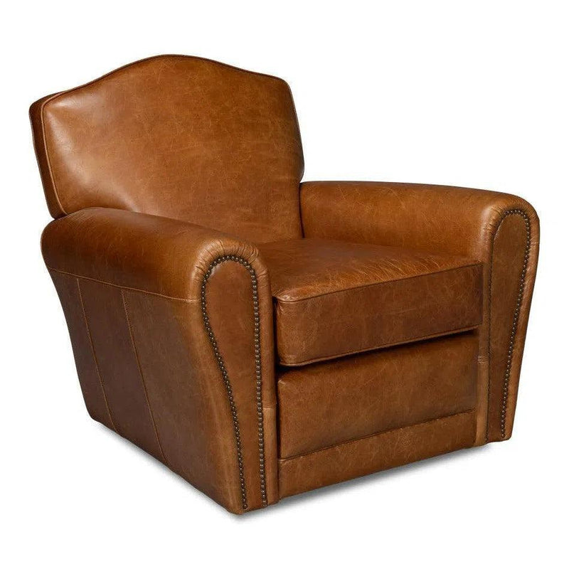 Elite French Metal and Leather Borwn Club Swivel Arm Chair Club Chairs LOOMLAN By Sarreid