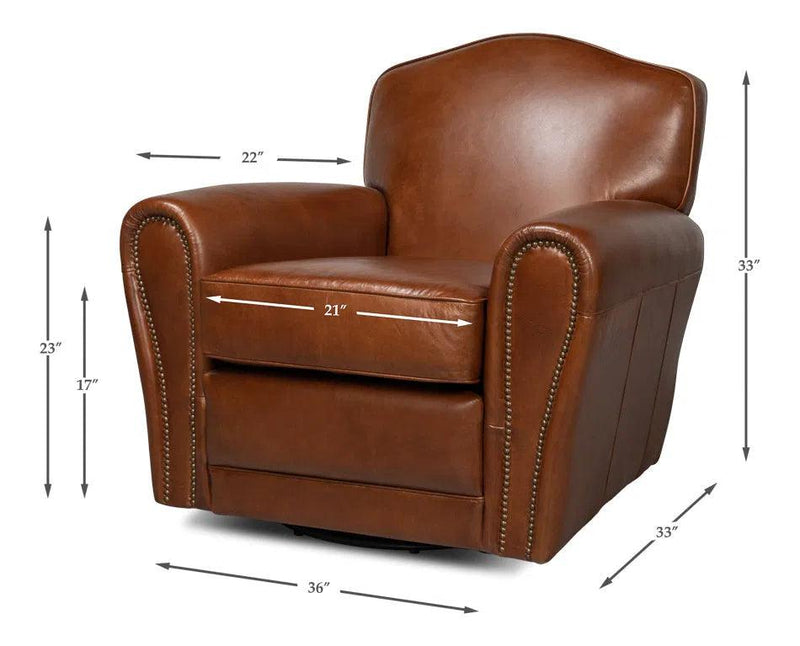 Elite French Swivel Brown Leather Club Chair Club Chairs LOOMLAN By Sarreid