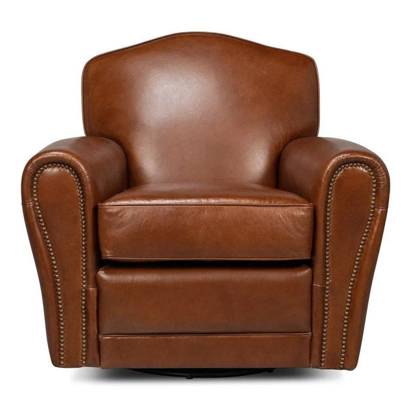 Elite French Swivel Brown Leather Club Chair Club Chairs LOOMLAN By Sarreid