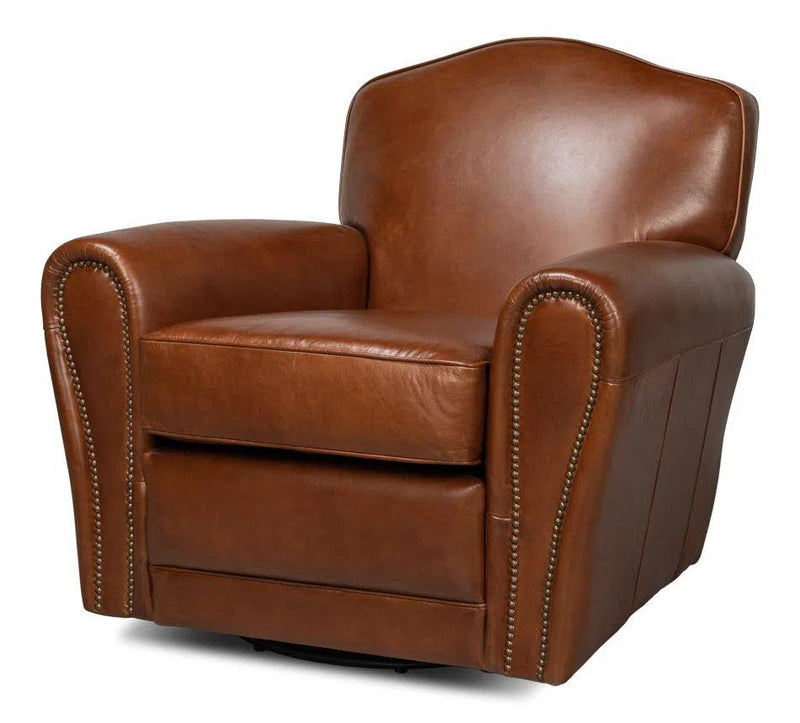 Elite French Swivel Brown Leather Club Chair Club Chairs LOOMLAN By Sarreid