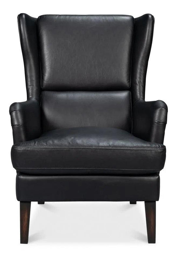 Elite Wing Wood and Leather Black Lounge Arm Chair Outdoor Lounge Chairs LOOMLAN By Sarreid