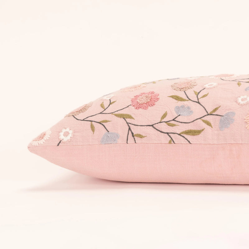 Embroidered Floral Pink Lumbar Pillow With Insert Throw Pillows LOOMLAN By LOOMLAN