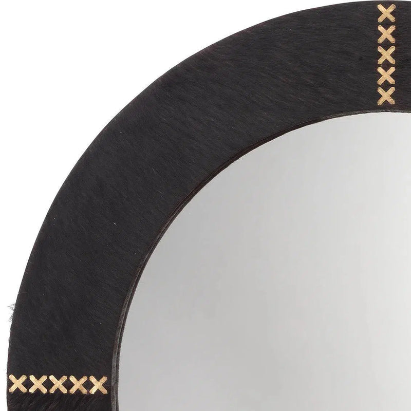 Espresso Cowhide Leather Round Cross Stitch Wall Mirror Wall Mirrors LOOMLAN By Jamie Young