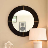 Espresso Cowhide Leather Round Cross Stitch Wall Mirror Wall Mirrors LOOMLAN By Jamie Young