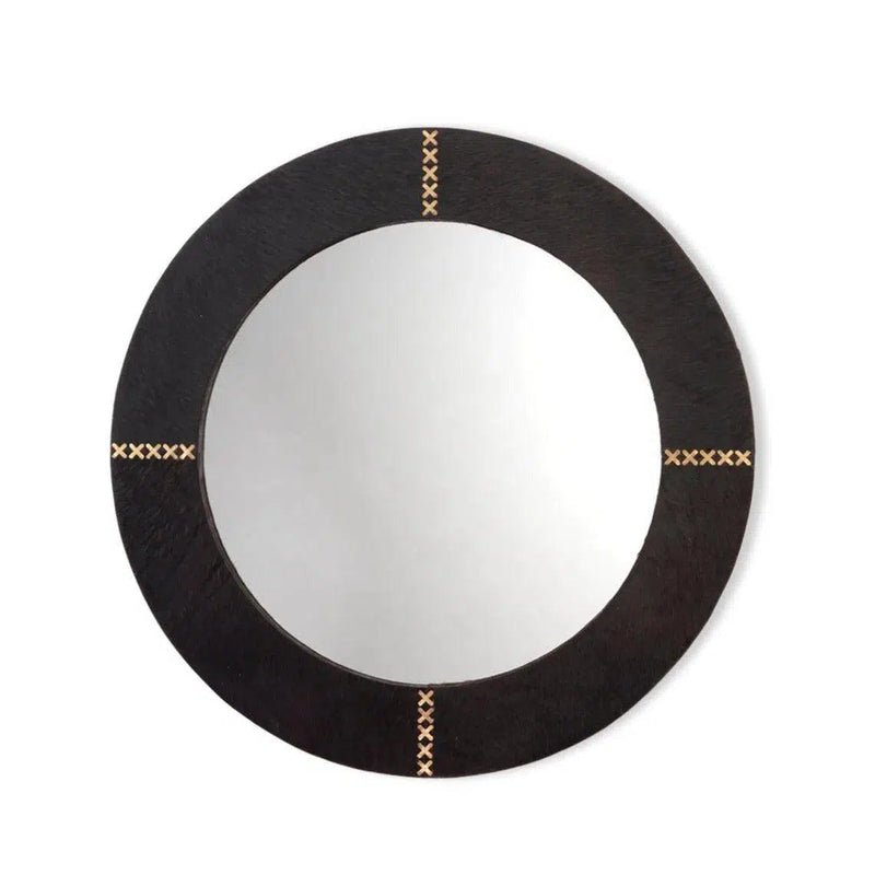 Espresso Cowhide Leather Round Cross Stitch Wall Mirror Wall Mirrors LOOMLAN By Jamie Young