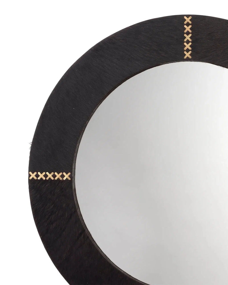 Espresso Cowhide Leather Round Cross Stitch Wall Mirror Wall Mirrors LOOMLAN By Jamie Young