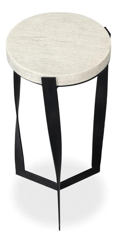 Evan Mango Wood and Metal Base Off-White Round End Table Side Tables LOOMLAN By Sarreid