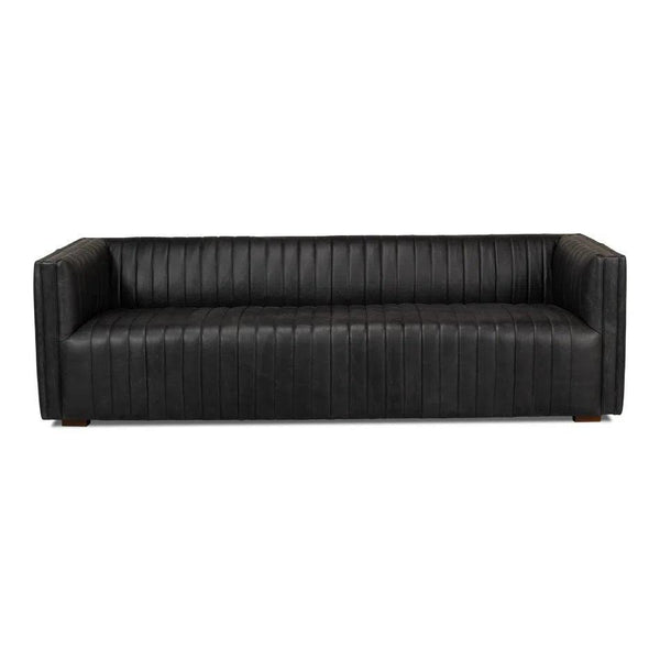 Everett Sofa Modern Channel Tufted Black Leather Couch Sofas & Loveseats LOOMLAN By Sarreid