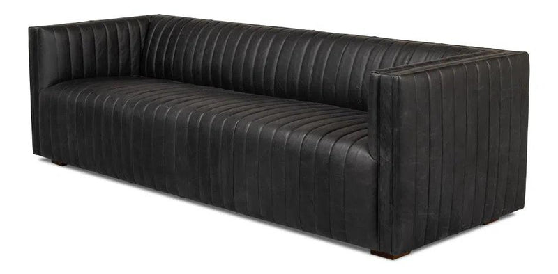 Everett Sofa Modern Channel Tufted Black Leather Couch Sofas & Loveseats LOOMLAN By Sarreid