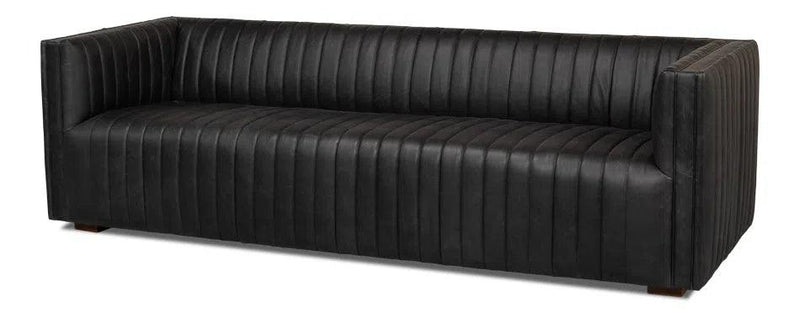 Everett Sofa Modern Channel Tufted Black Leather Couch Sofas & Loveseats LOOMLAN By Sarreid