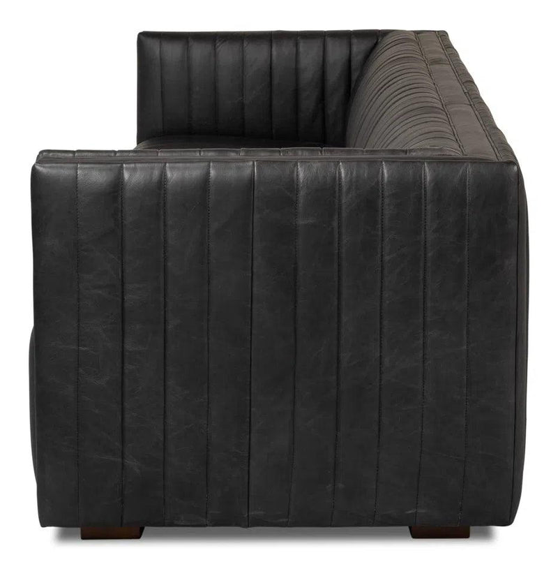 Everett Sofa Modern Channel Tufted Black Leather Couch Sofas & Loveseats LOOMLAN By Sarreid