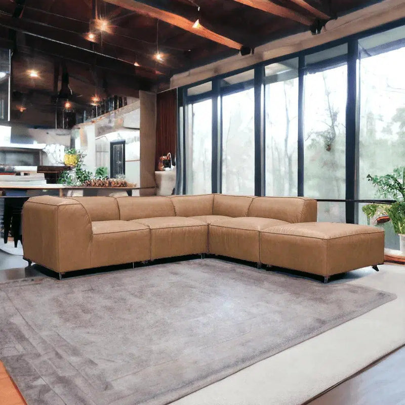 Form Tan Modular Leather Sectional With Ottoman 5PC Convertible Modular Sofas LOOMLAN By Moe's Home