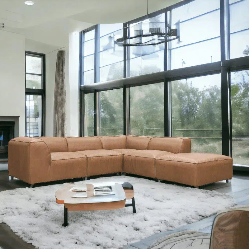 Form Tan Modular Leather Sectional With Ottoman 5PC Convertible Modular Sofas LOOMLAN By Moe's Home