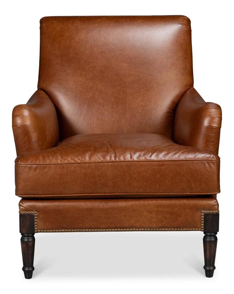 Gaston Distilled Leather and Wood Brown Arm Chair Club Chairs LOOMLAN By Sarreid