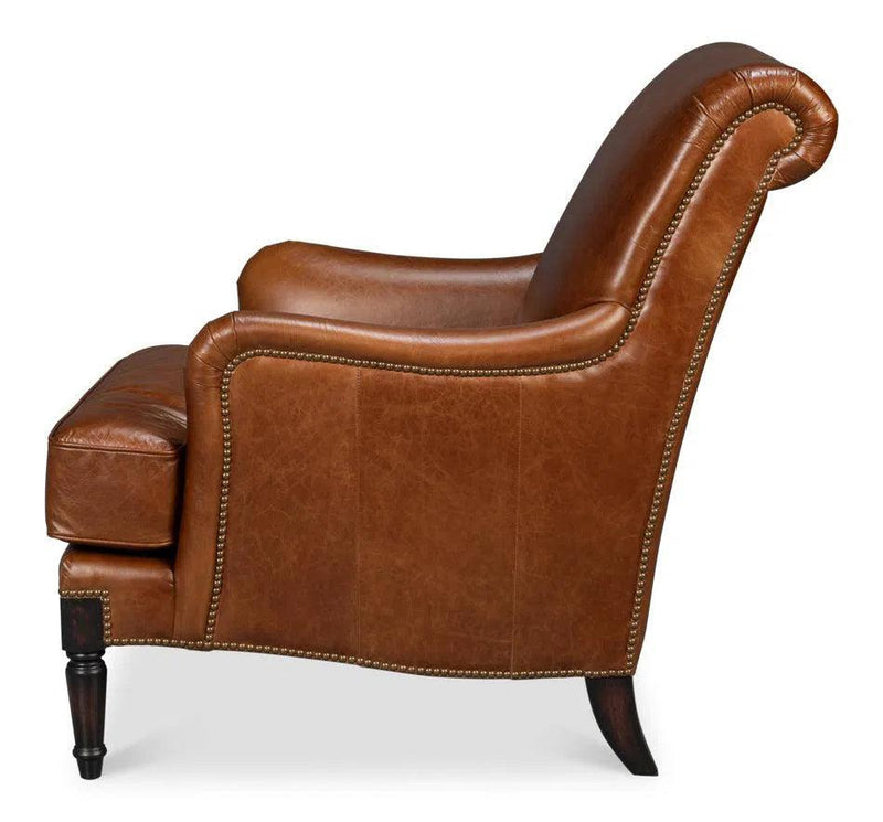 Gaston Distilled Leather and Wood Brown Arm Chair Club Chairs LOOMLAN By Sarreid