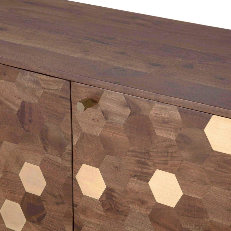 Geometric Gold and Natural Brown Solid Acacia Wood Sideboard Sideboards LOOMLAN By LH Imports