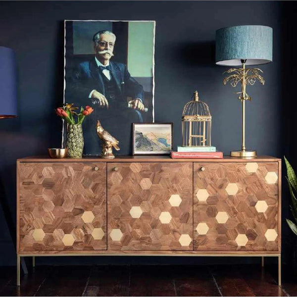 Geometric Gold and Natural Brown Solid Acacia Wood Sideboard Sideboards LOOMLAN By LH Imports