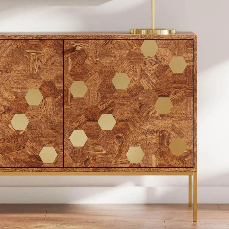 Geometric Gold and Natural Brown Solid Acacia Wood Sideboard Sideboards LOOMLAN By LH Imports