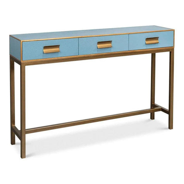 Gideon Wood and Shagreen Leather Blue Rectangular Console Table Console Tables LOOMLAN By Sarreid