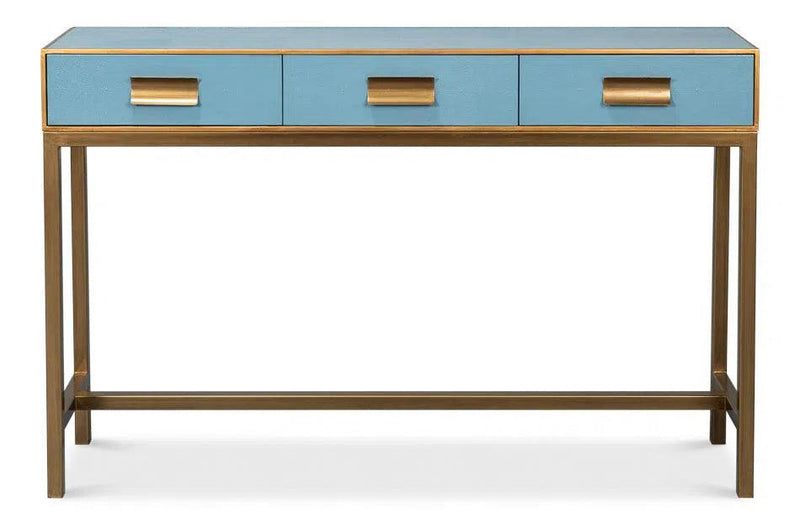 Gideon Wood and Shagreen Leather Blue Rectangular Console Table Console Tables LOOMLAN By Sarreid