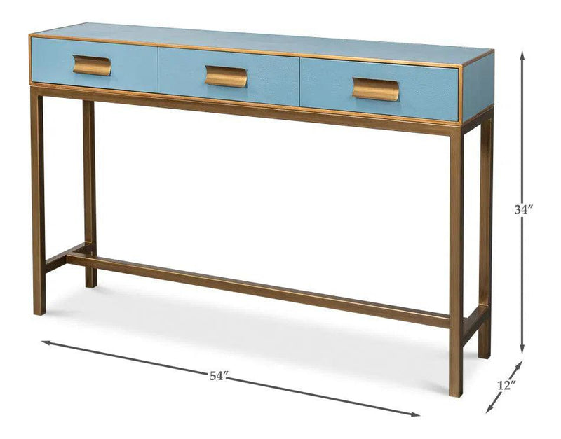 Gideon Wood and Shagreen Leather Blue Rectangular Console Table Console Tables LOOMLAN By Sarreid