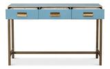 Gideon Wood and Shagreen Leather Blue Rectangular Console Table Console Tables LOOMLAN By Sarreid