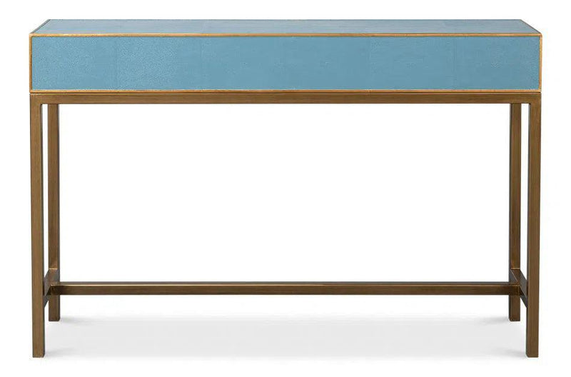 Gideon Wood and Shagreen Leather Blue Rectangular Console Table Console Tables LOOMLAN By Sarreid