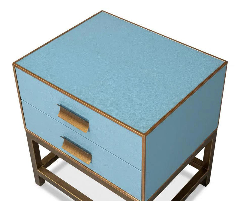 Gideon Wood and Shagreen Leather Blue Rectangular Side Table Side Tables LOOMLAN By Sarreid