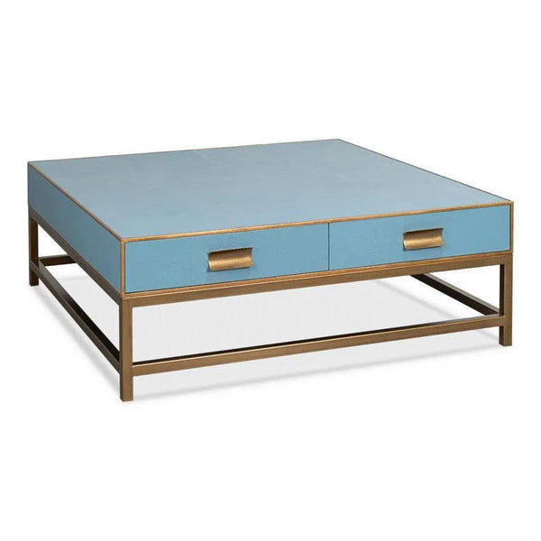 Gideon Wood and Shagreen Leather Blue Square Coffee Table Coffee Tables LOOMLAN By Sarreid