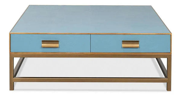 Gideon Wood and Shagreen Leather Blue Square Coffee Table Coffee Tables LOOMLAN By Sarreid