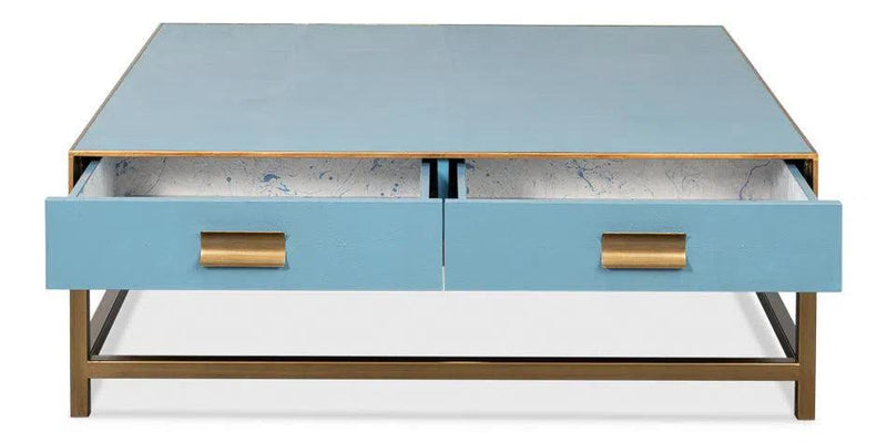 Gideon Wood and Shagreen Leather Blue Square Coffee Table Coffee Tables LOOMLAN By Sarreid