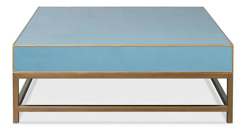 Gideon Wood and Shagreen Leather Blue Square Coffee Table Coffee Tables LOOMLAN By Sarreid