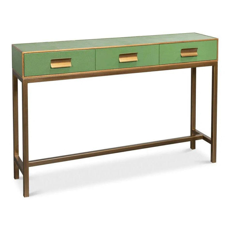 Gideon Wood and Shagreen Leather Green Rectangular Console Table Console Tables LOOMLAN By Sarreid