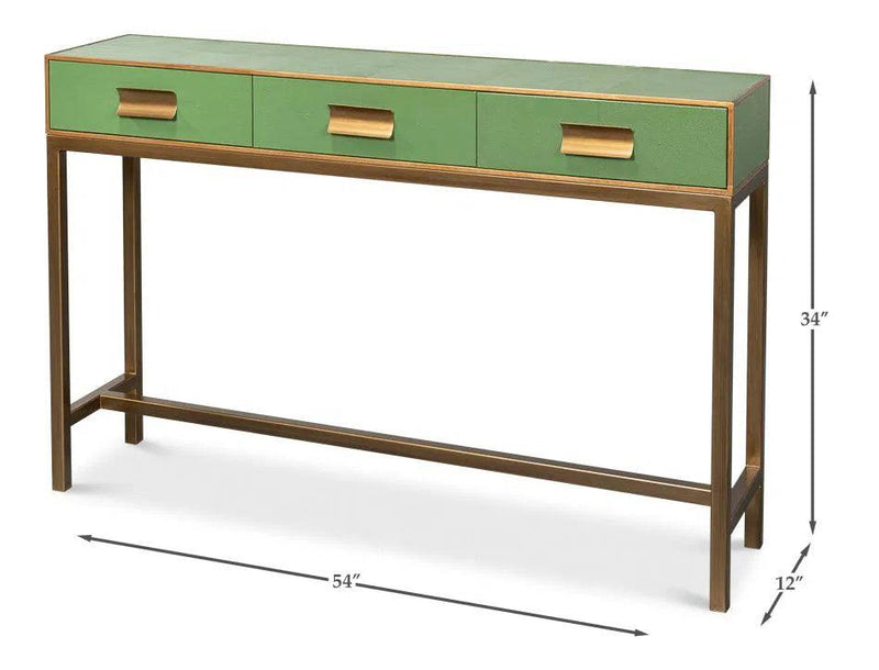 Gideon Wood and Shagreen Leather Green Rectangular Console Table Console Tables LOOMLAN By Sarreid