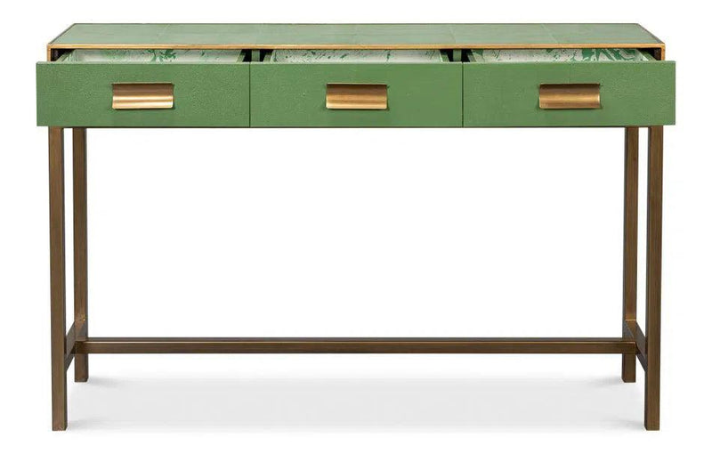 Gideon Wood and Shagreen Leather Green Rectangular Console Table Console Tables LOOMLAN By Sarreid