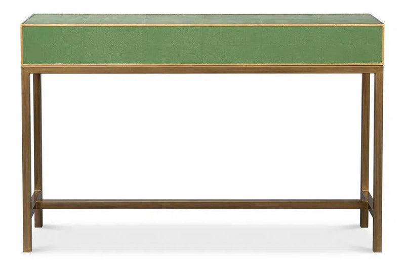 Gideon Wood and Shagreen Leather Green Rectangular Console Table Console Tables LOOMLAN By Sarreid