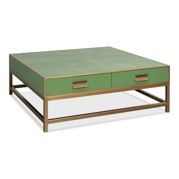 Gideon Wood and Shagreen Leather Green Square Coffee Table Coffee Tables LOOMLAN By Sarreid