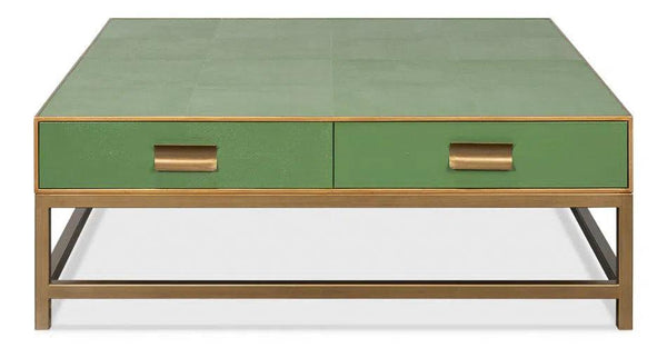 Gideon Wood and Shagreen Leather Green Square Coffee Table Coffee Tables LOOMLAN By Sarreid