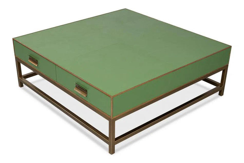 Gideon Wood and Shagreen Leather Green Square Coffee Table Coffee Tables LOOMLAN By Sarreid