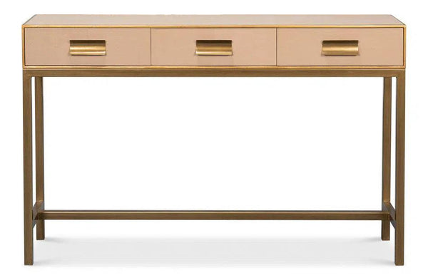 Gideon Wood and Shagreen Leather Tan Rectangular Console Table Console Tables LOOMLAN By Sarreid