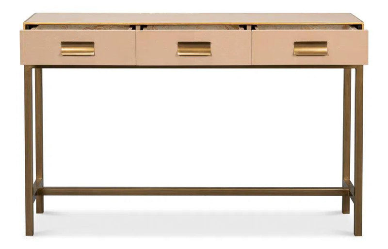 Gideon Wood and Shagreen Leather Tan Rectangular Console Table Console Tables LOOMLAN By Sarreid