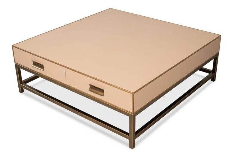 Gideon Wood and Shagreen Leather Tan Square Coffee Table Coffee Tables LOOMLAN By Sarreid