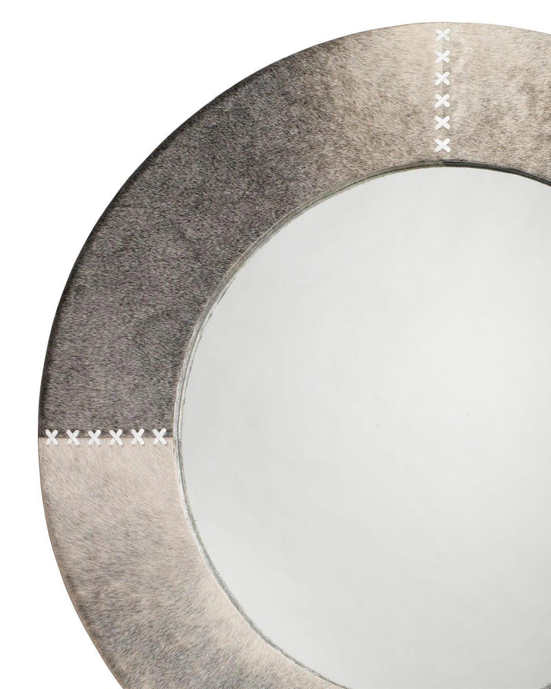 Grey Cowhide Leather Round Cross Stitch Wall Mirror Wall Mirrors LOOMLAN By Jamie Young