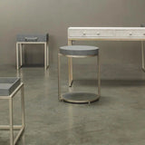 Grey Leather Round Mid Century Modern Side Table With Shelf Side Tables LOOMLAN By Jamie Young