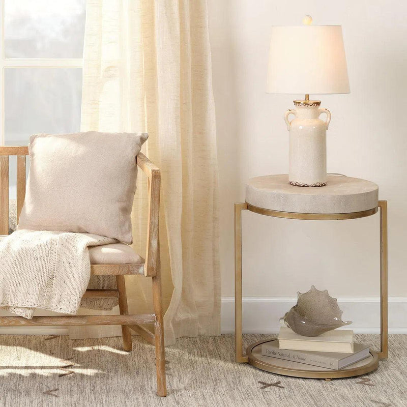 Grey Leather Round Mid Century Modern Side Table With Shelf Side Tables LOOMLAN By Jamie Young